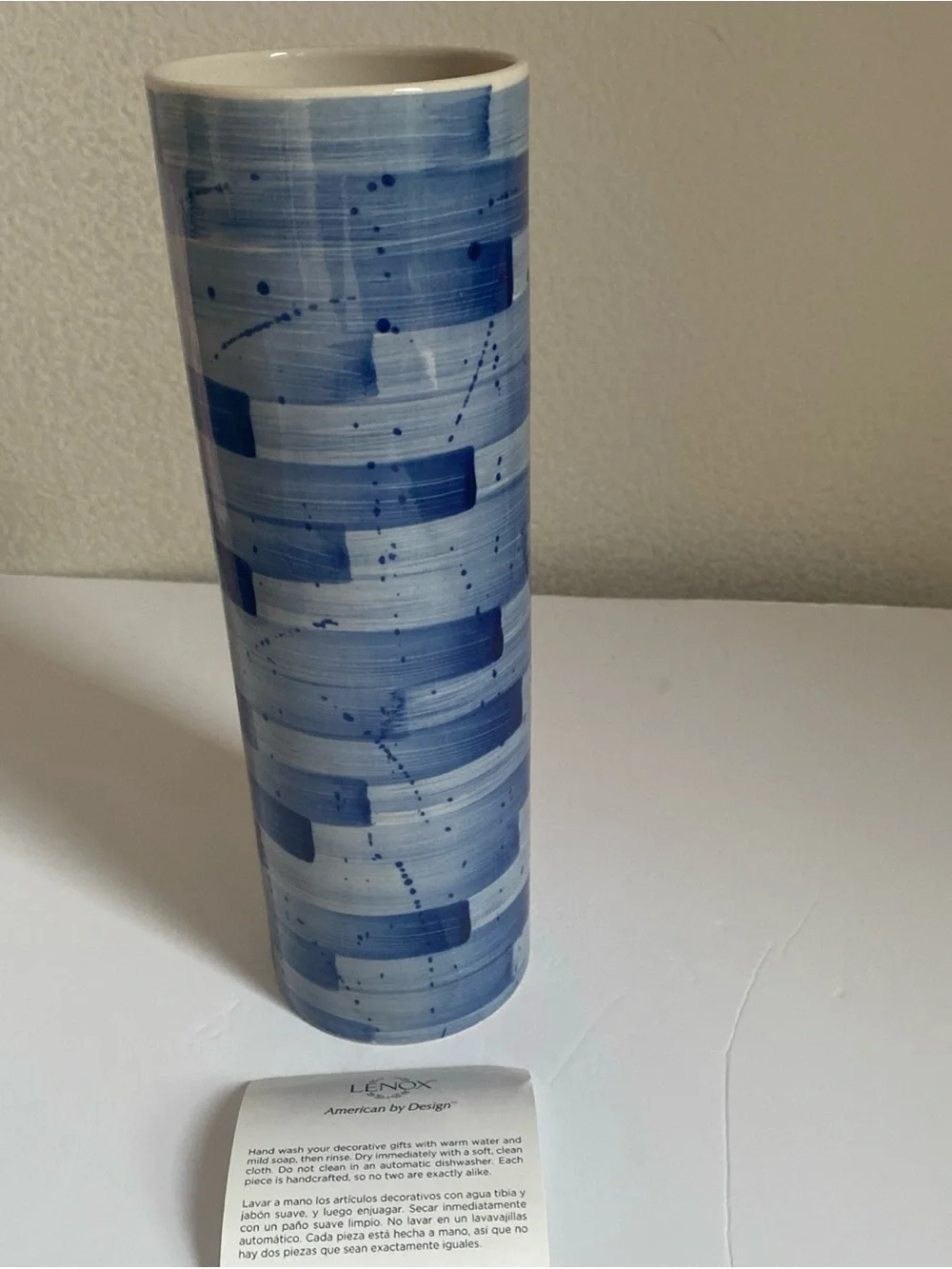 Lenox Blue Indigo Cylinder Vase 10” Painted Striped